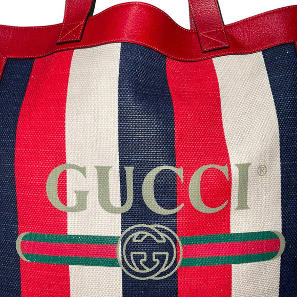 GUCCI Canvas Calfskin Sylvie Stripe Logo Mens Tote Red White Blue Large. - Picture 15 of 16